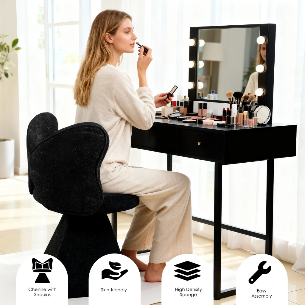 Sedia girevole imbottita in chenille nero con base triangolare stabile, senza braccioli, per soggiorno, sala da pranzo e spazi beauty