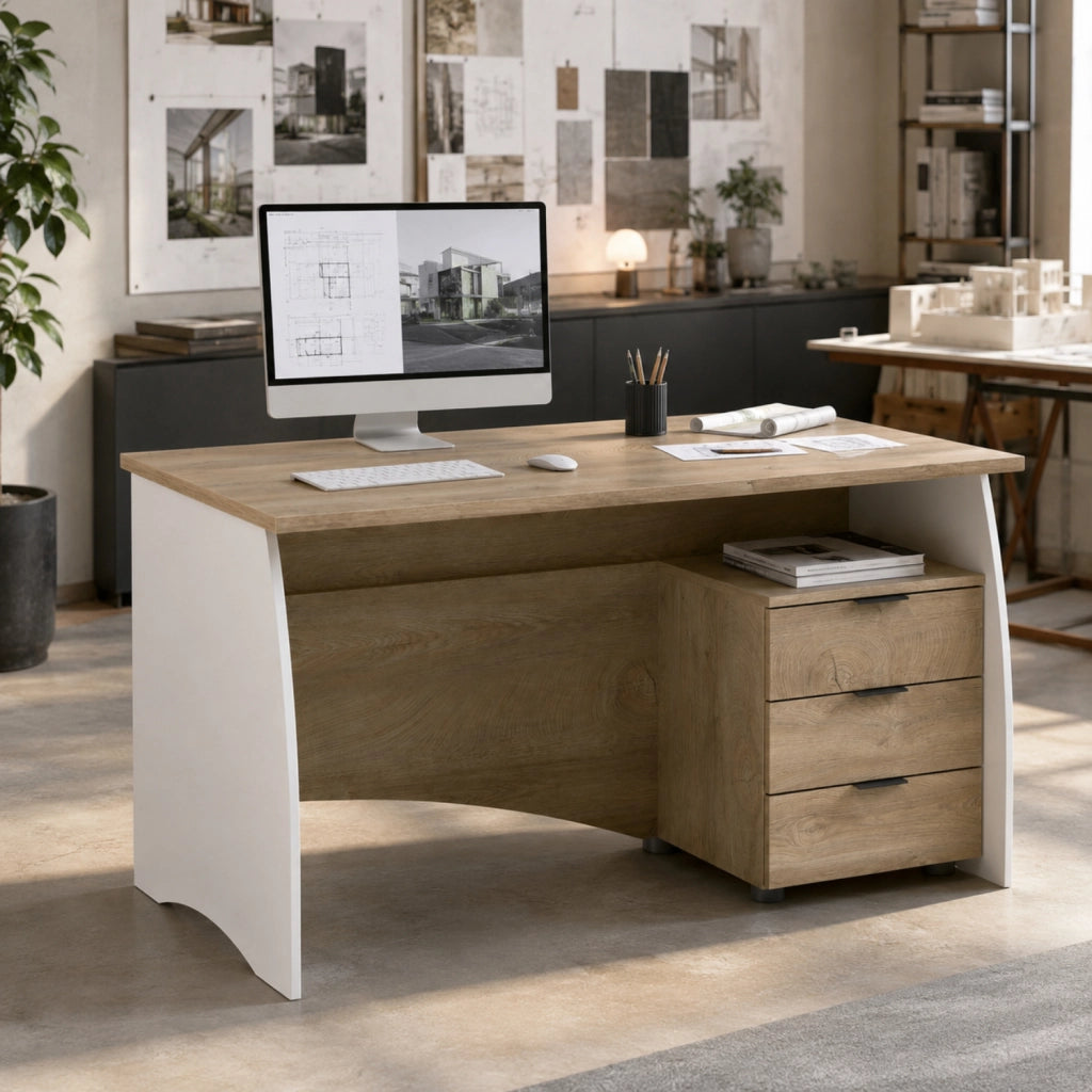 Scrivania Scrittoio Con 3 Cassetti Per Studio Ufficio Mobile Desk Da Soggiorno Sala Da Pranzo 136 X 74 X 67 Cm Bianco E Rovere