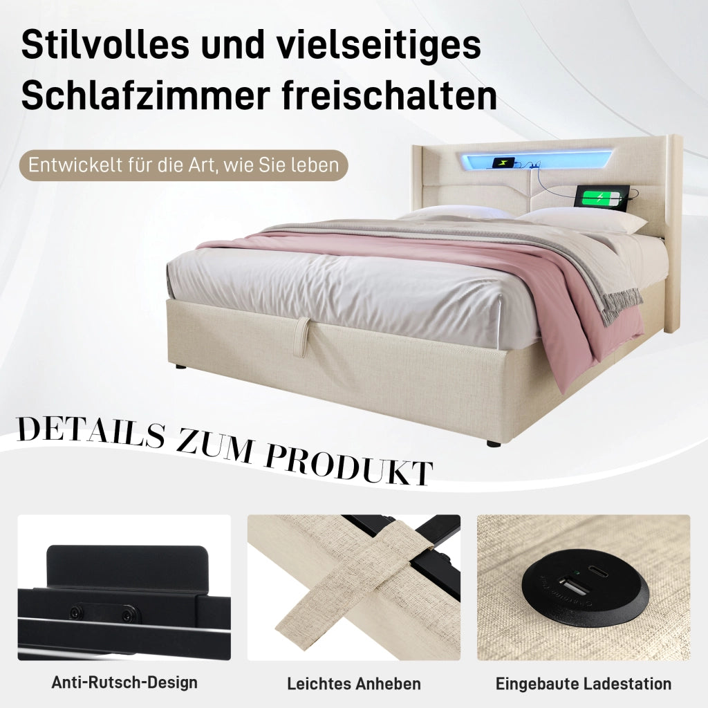 letto imbottito lino beige 160 x 200 cm