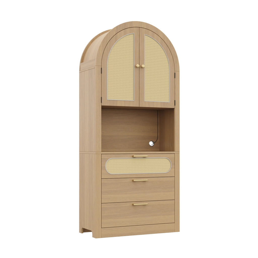 Mobile da cucina, mobile da ingresso, vetrina ad arco, luci a LED, ante in vimini, 3 cassetti, 80 x 35 x 180 cm, color rovere