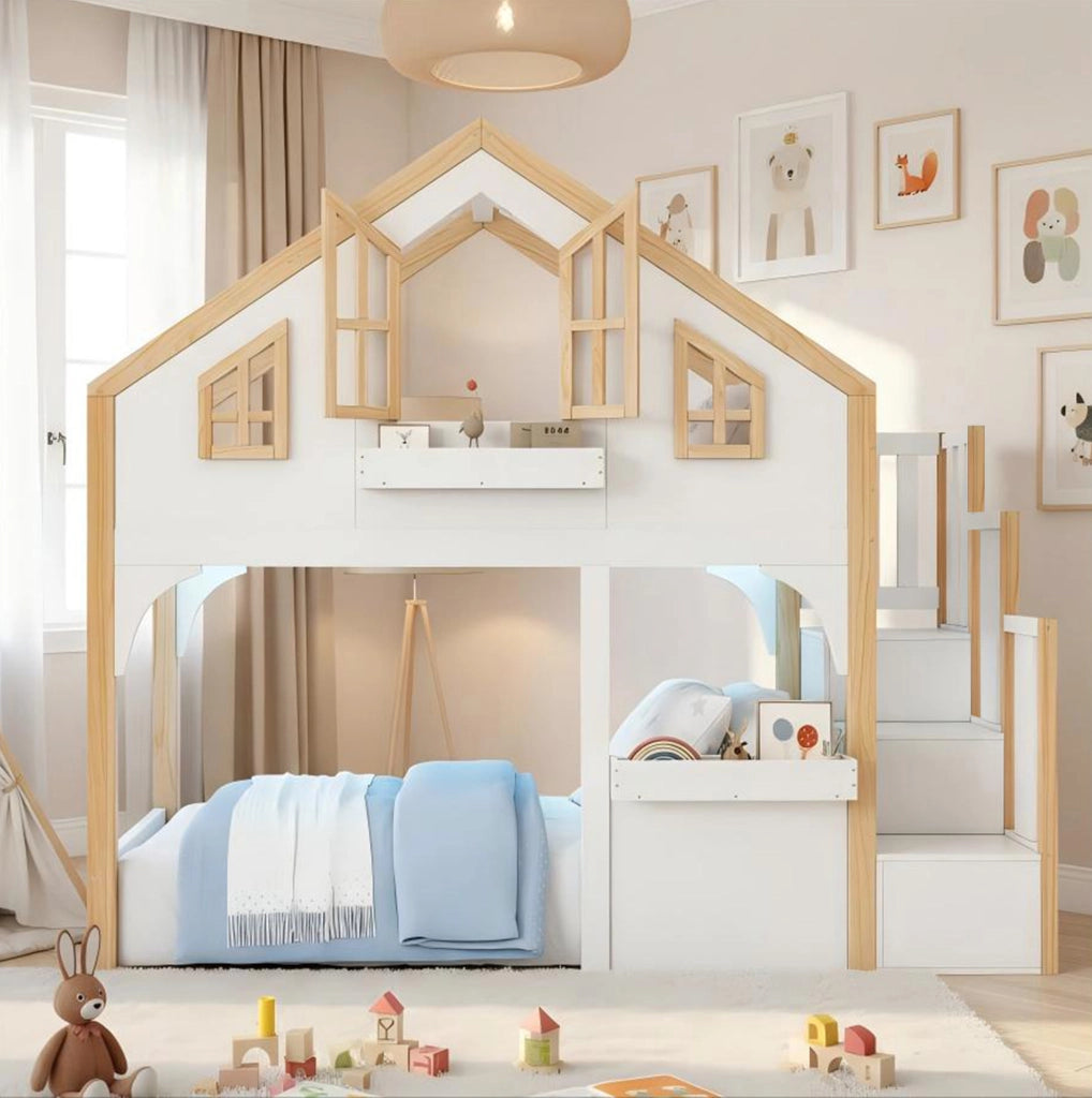 Letto a soppalco per bambini 90x200 cm con scala contenitore e LED