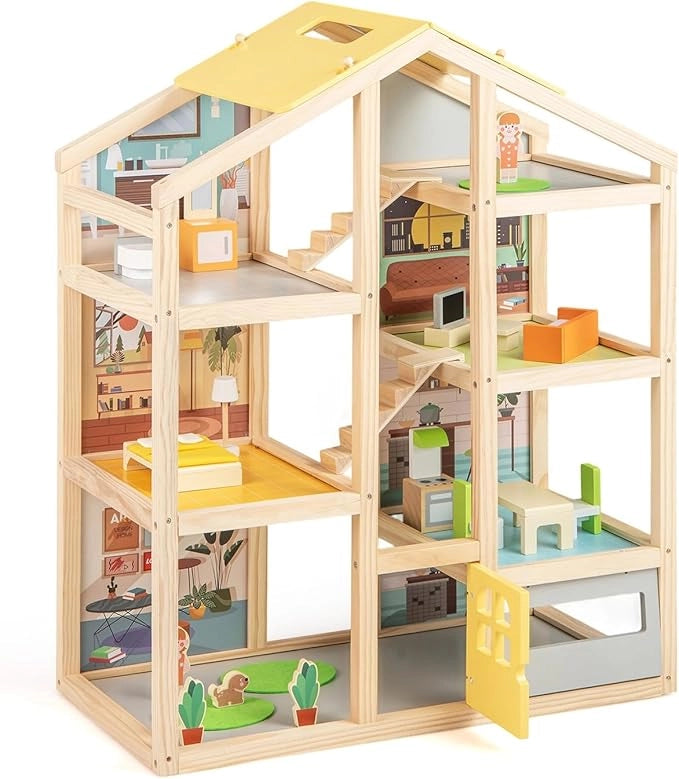 Casa delle Bambole in Legno, Casa Bambole con 4 Piani, 7 Stanze, Garage e Scale, Casetta Giocattolo Educativo con 18 Mobili Accessori e 3 Figure, per Bambini 3+ Anni, 60 x 30 x 75 cm