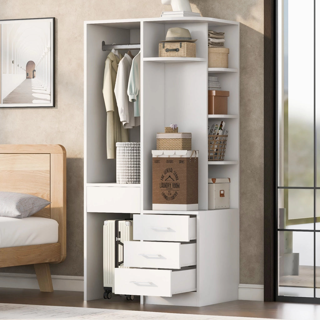 Armadio con 1 anta; ripiani aperti; cassetti; barra appendiabiti per camera da letto; in MDF bianco; 70 × 55 × 175 cm