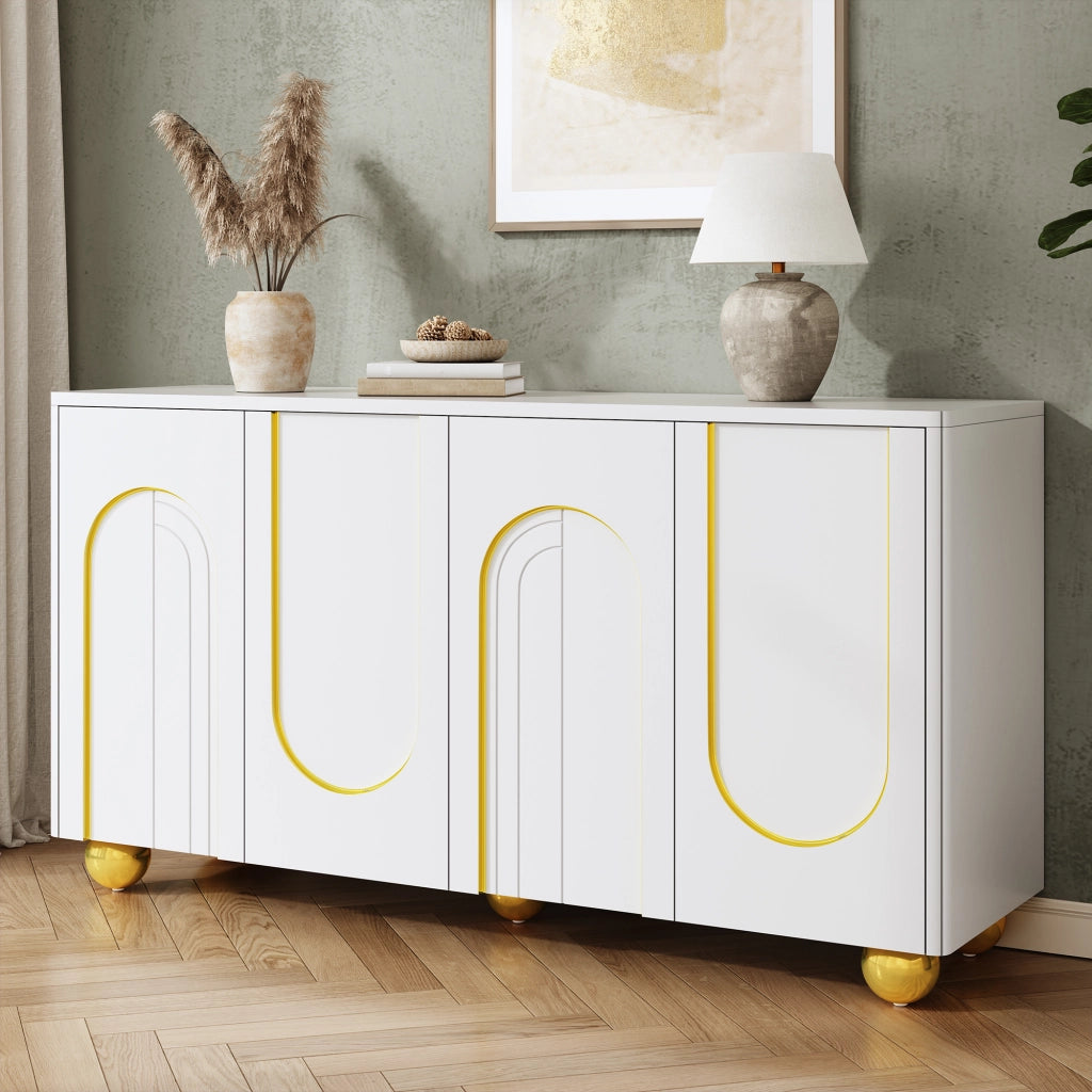Credenza, mobile contenitore, ante con decorazioni ad arco in filo d’oro, piedini metallici sferici, bianco