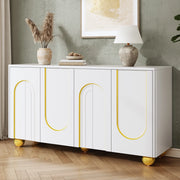 Credenza, mobile contenitore, ante con decorazioni ad arco in filo d’oro, piedini metallici sferici, bianco
