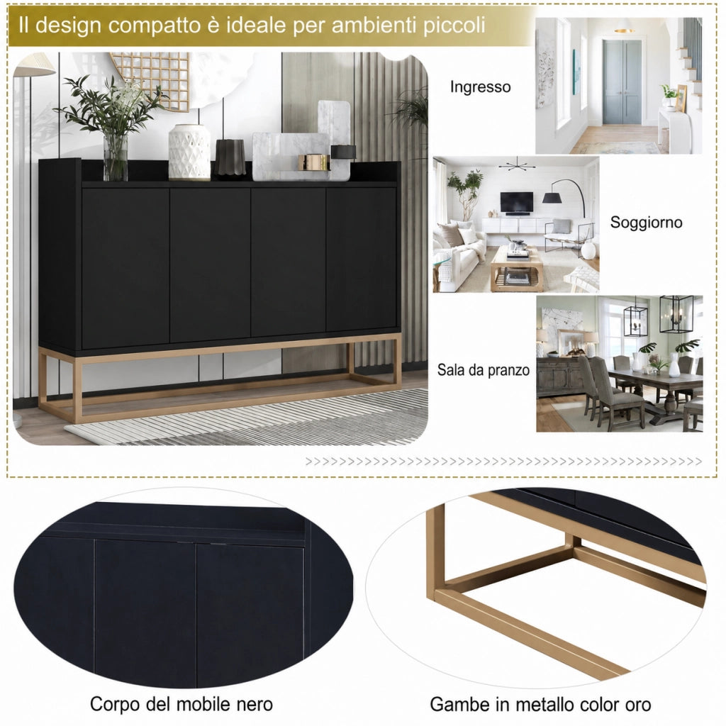 Credenza buffet 120cm nera, mobile soggiorno in pannello di particelle con base metallo oro, 4 ante push‑to‑open, ripiani regolabili, mobile da ingresso sala da pranzo