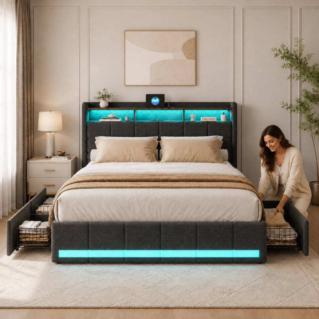 Letto matrimoniale 180x200 cm tessuto grigio, testiera contenitore con ricarica USB e USB-C, LED RGB APP telecomando, 4 cassetti estraibili