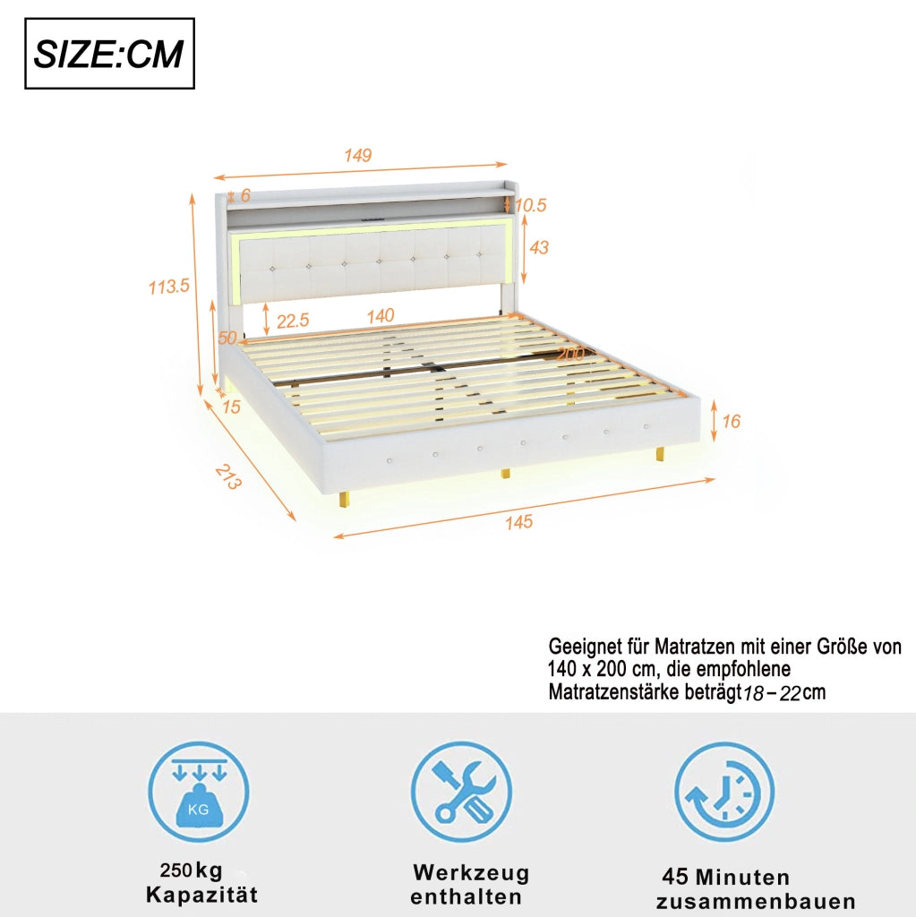 Letto matrimoniale imbottito 140x200 cm con USB e luci LED; lino beige