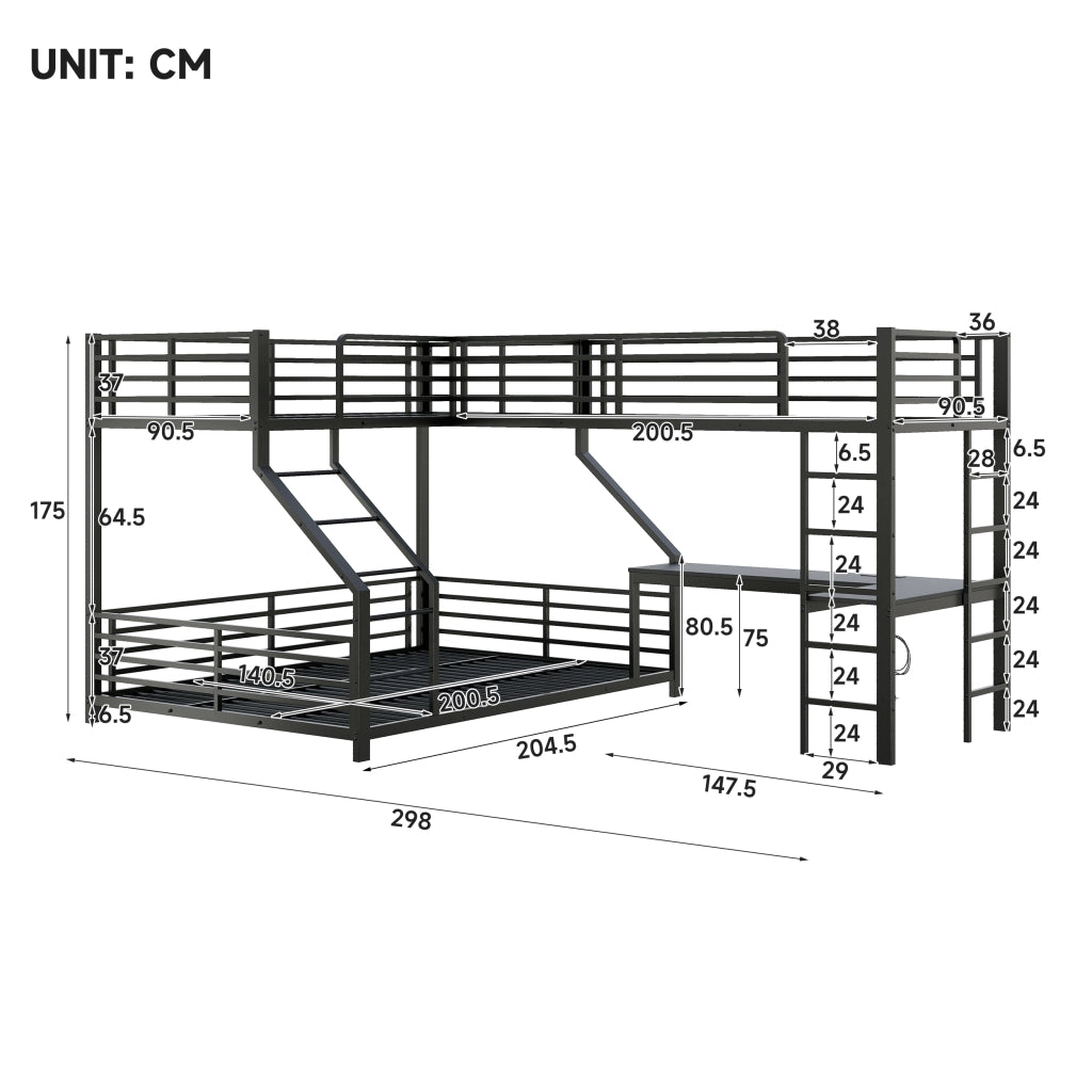 letto a castello metallo mdf nero 298 x 204.5 x 175 cm