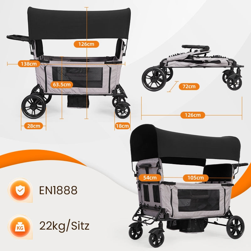 Carrello pieghevole di grandi dimensioni con 4 posti, grigio chiaro, sedile trasformabile in ampia sdraio, maniglione regolabile in 8 posizioni, piegh