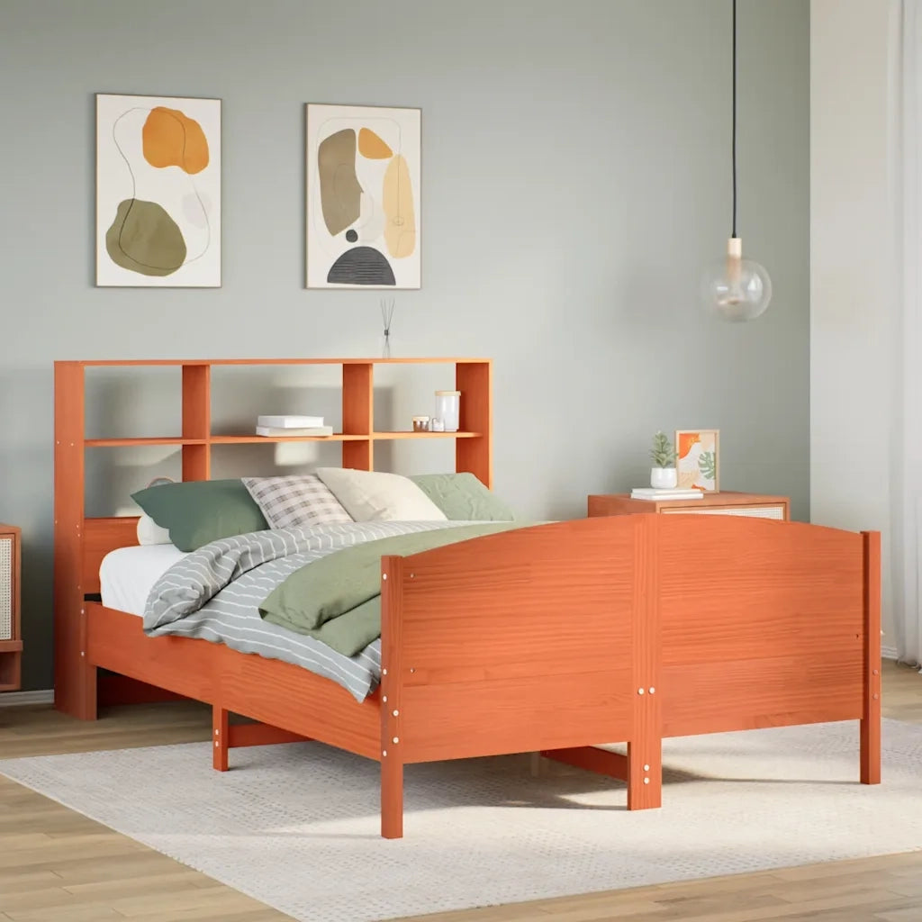 Letto Libreria senza Materasso-Struttura Letto con contenitore Marrone Cera 140x200 cm in Pino 852065