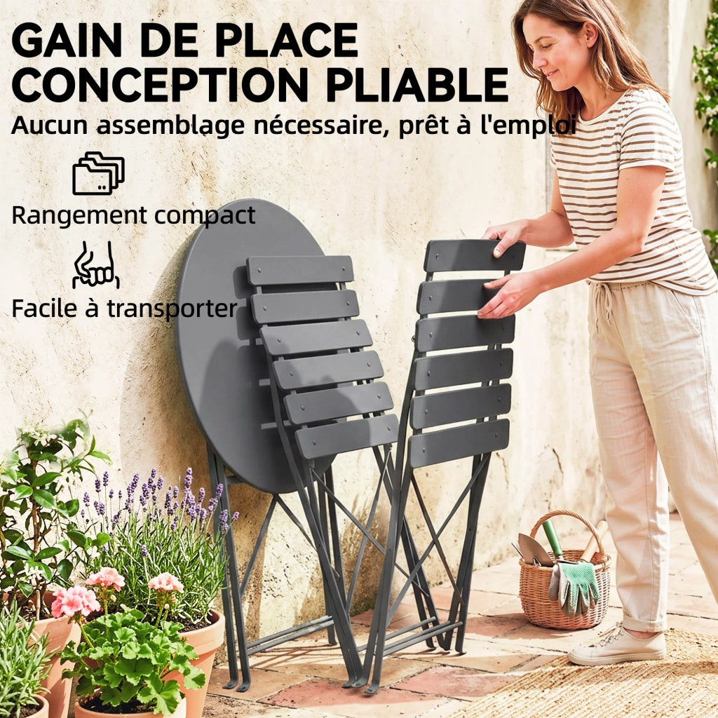 Set Bistrot Giardino 3 Pezzi Tavolo Pieghevole 2 Sedie Pieghevoli ¨C Xylo ¨C Metallo Grigio