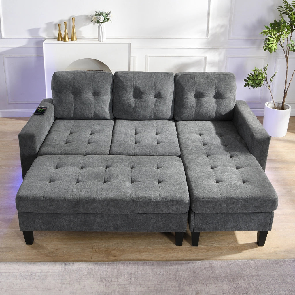 Divano letto angolare 185x135x85 cm; modulare con pouf mobile; LED e USB in chenille grigio antico