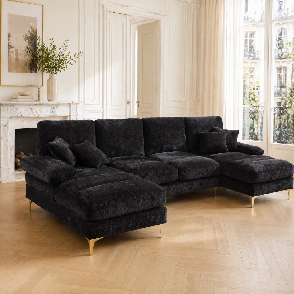 Divano Panoramico a U con Doppia Chaise Longue, 4 Cuscini Schienale, Gambe in Metallo, Ciniglia Nero 272 × 136 × 88 cm