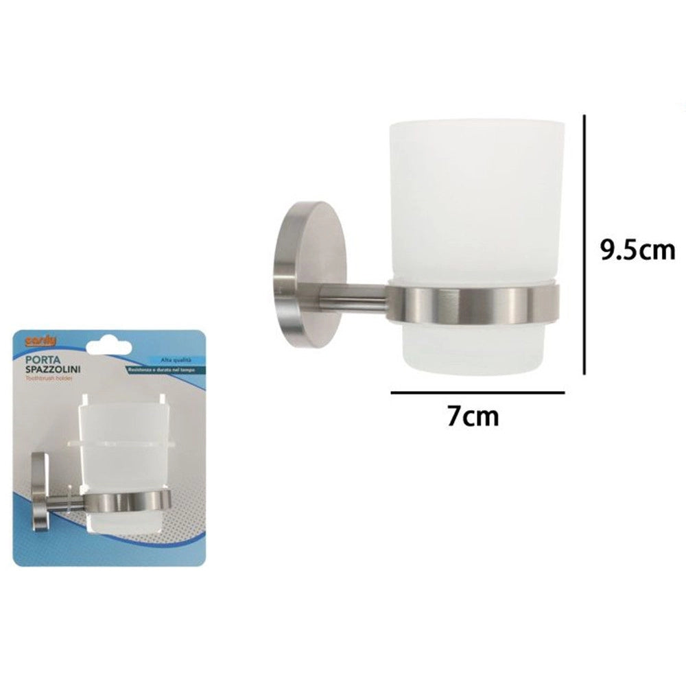 Trade Shop - Porta Spazzolini Da Denti In Acciaio Satinato Con Bicchiere Vetro Satinato Bagno 87906 -