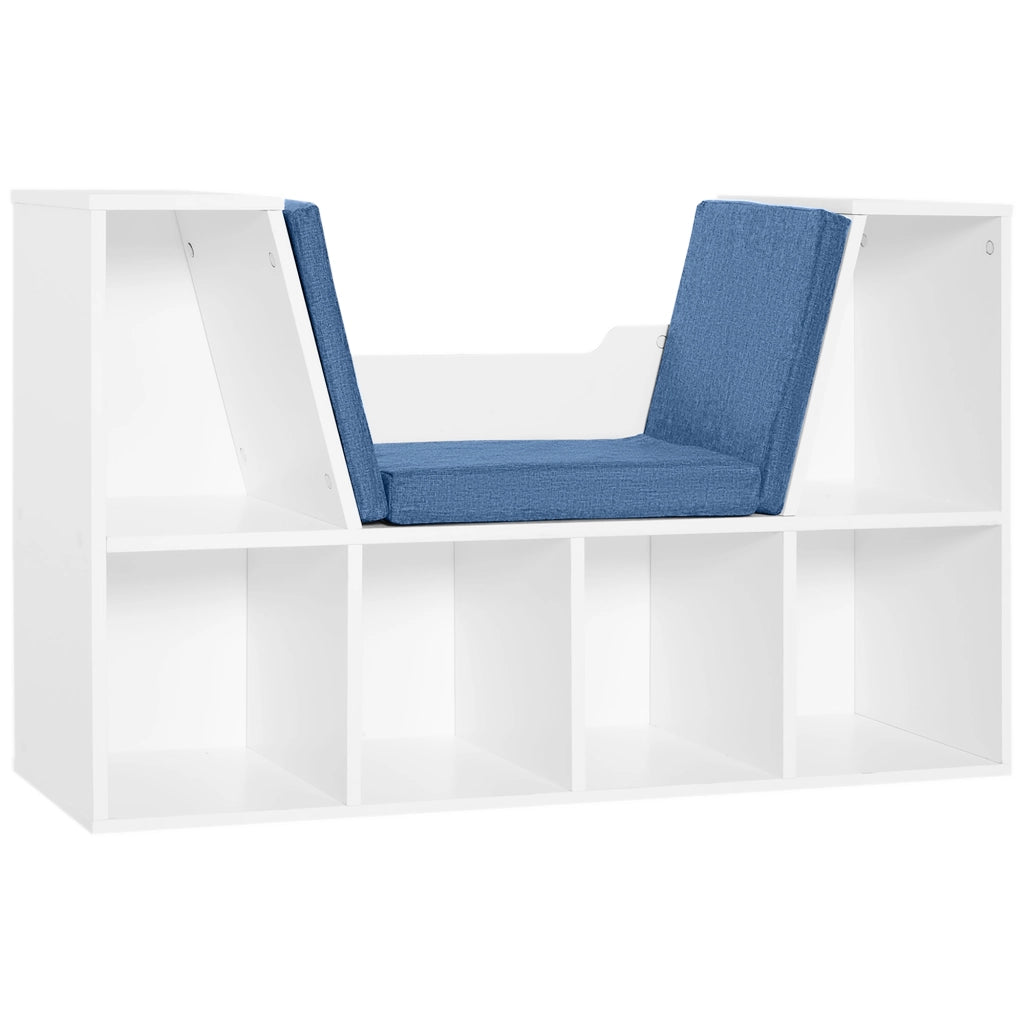 Libreria panca 2 in 1 con cuscini seduta ¨C Xylo ¨C 6 scomparti aperti legno blu 102x30x61cm