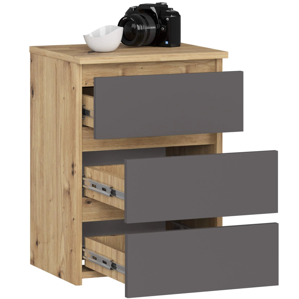 Comodino AKORD CL3 Quercia Artisan 40 cm 3 cassetti inserto frontale Grigia Grafite 40x35x57 cm