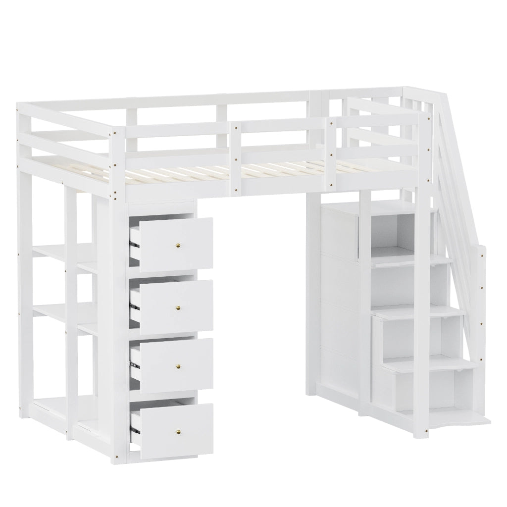 Letto a soppalco 90×200 cm e 140×200 cm con 4 cassetti; ripiani e scala; senza materasso; legno; bianco