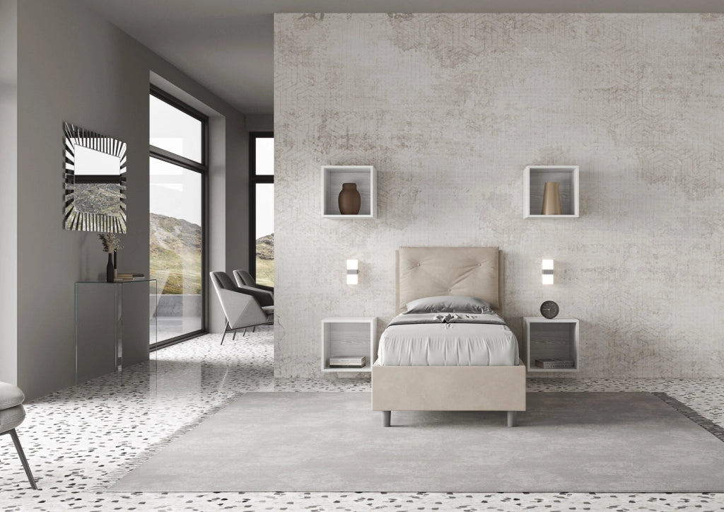 BS COM Letto singolo con rete imbottito 90x210 microfibra sabbia