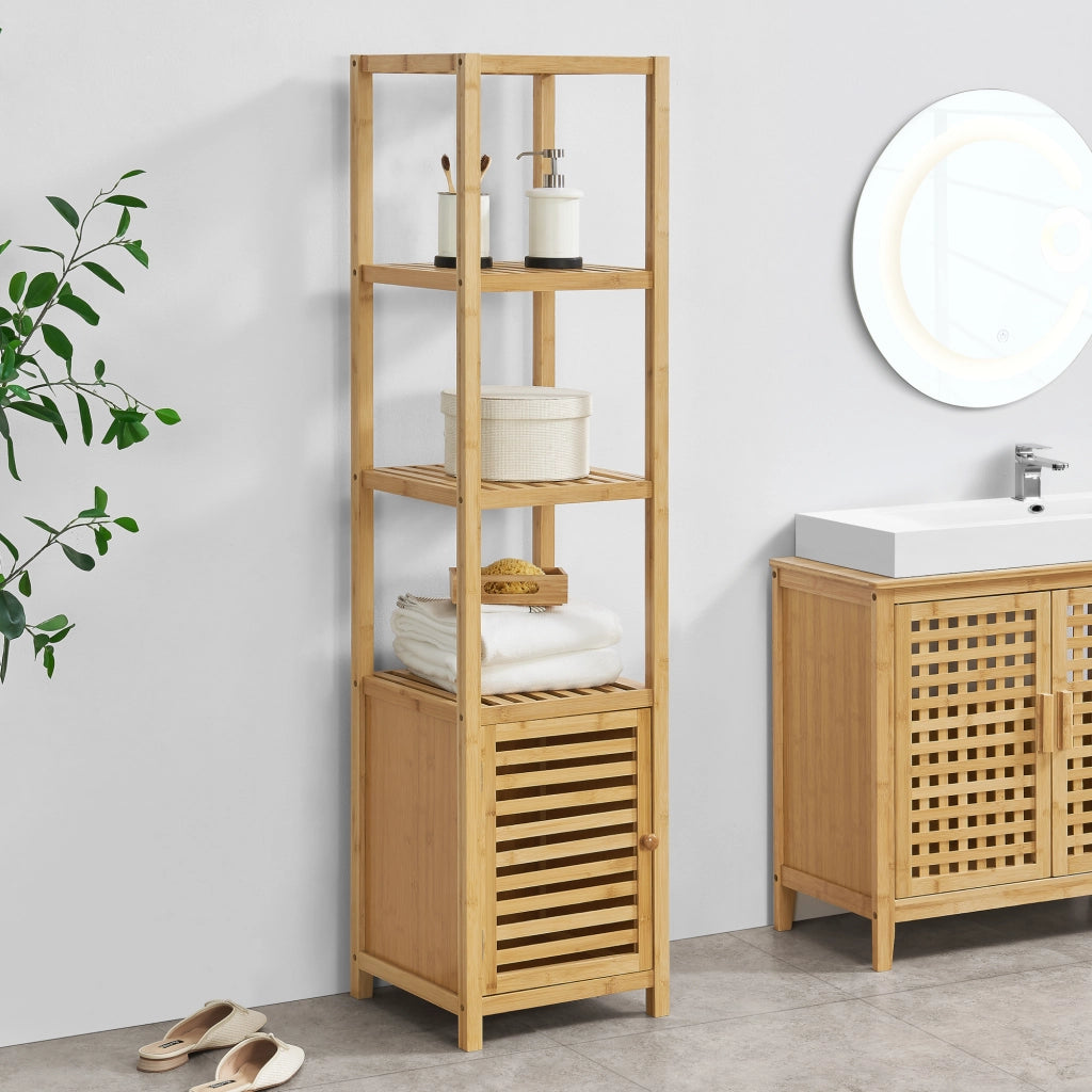 Mobile a Terra da Stoccaggio 'Liminka' con Anta e 4 Ripiani - Mobile in bambù per Bagno [en.casa]