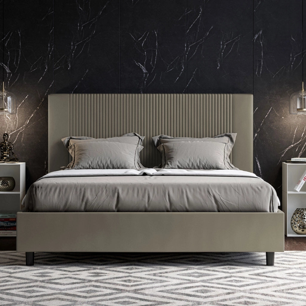 Letto Matrimoniale 160x210 cm con Rete e Contenitore con Testata e Alzata Comoda Imbottito in Similpelle Goya Cappuccino