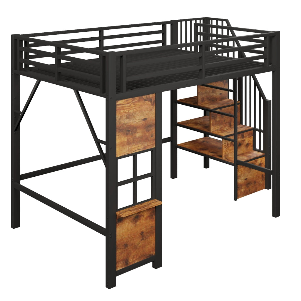 Letto a soppalco 140×200 cm 2 posti con scala contenitore; mensole e area gioco; senza materasso; in metallo e MDF; nero