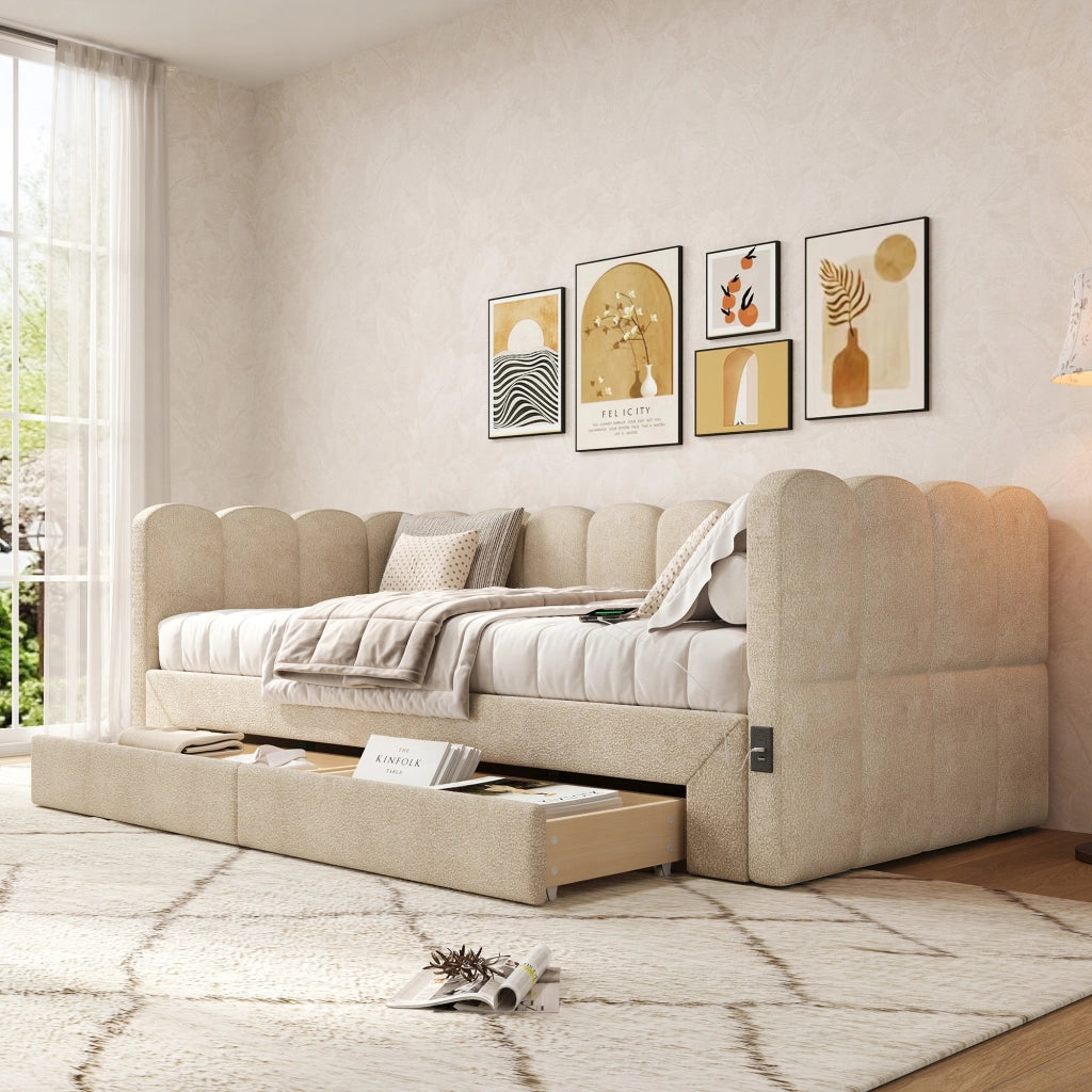 Letto imbottito estensibile - Xylo - 90x190 - Beige - 2 cassetti