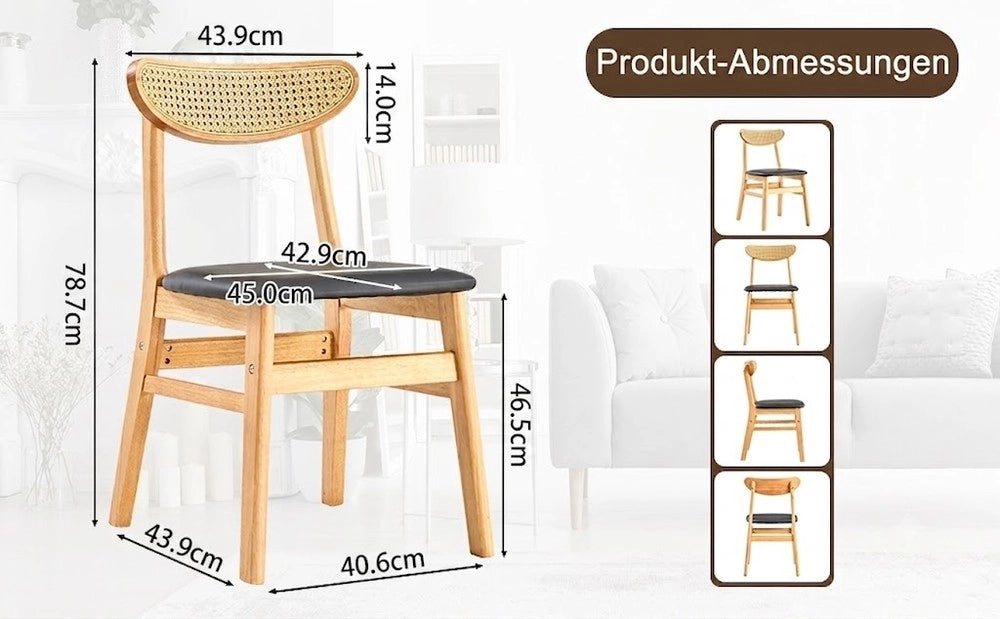 Set 2 Sedie da Pranzo con Schienale in Rattan e Seduta Imbottita ¨C MINIMAL ¨C Legno Massello, Stile Scandinavo