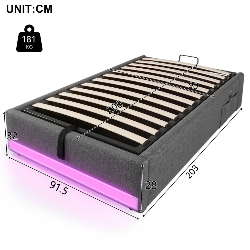 LETTO contenitore 90x200 cm in lino grigio con LED, USB e Type-C
