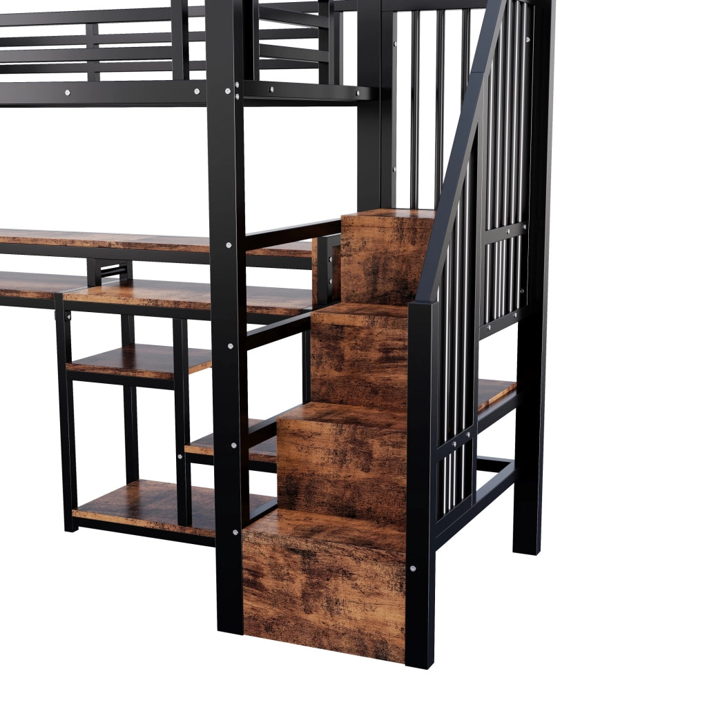 Letto a soppalco 90x200 cm in metallo e MDF; nero; con LED; USB e vano contenitore