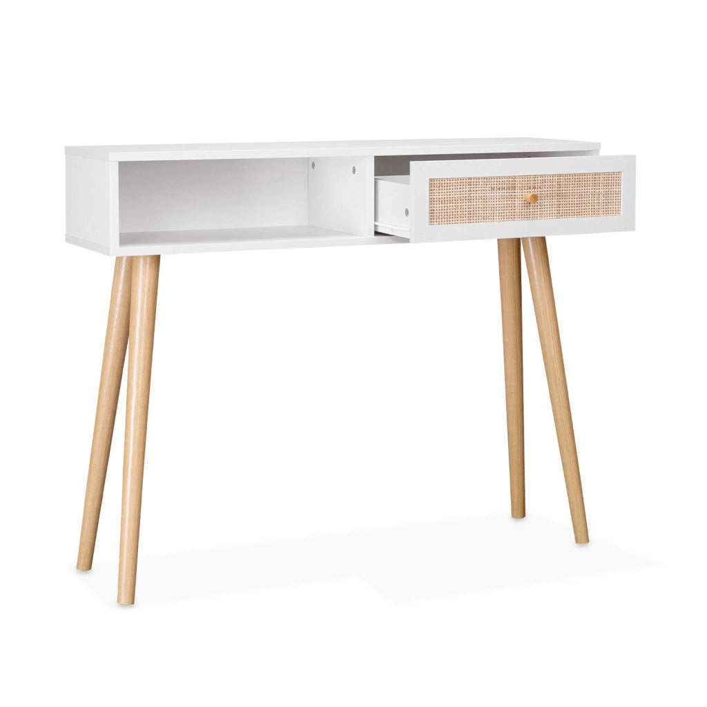 Consolle scandinava con effetto legno e canna, 100cm, bianco sporco