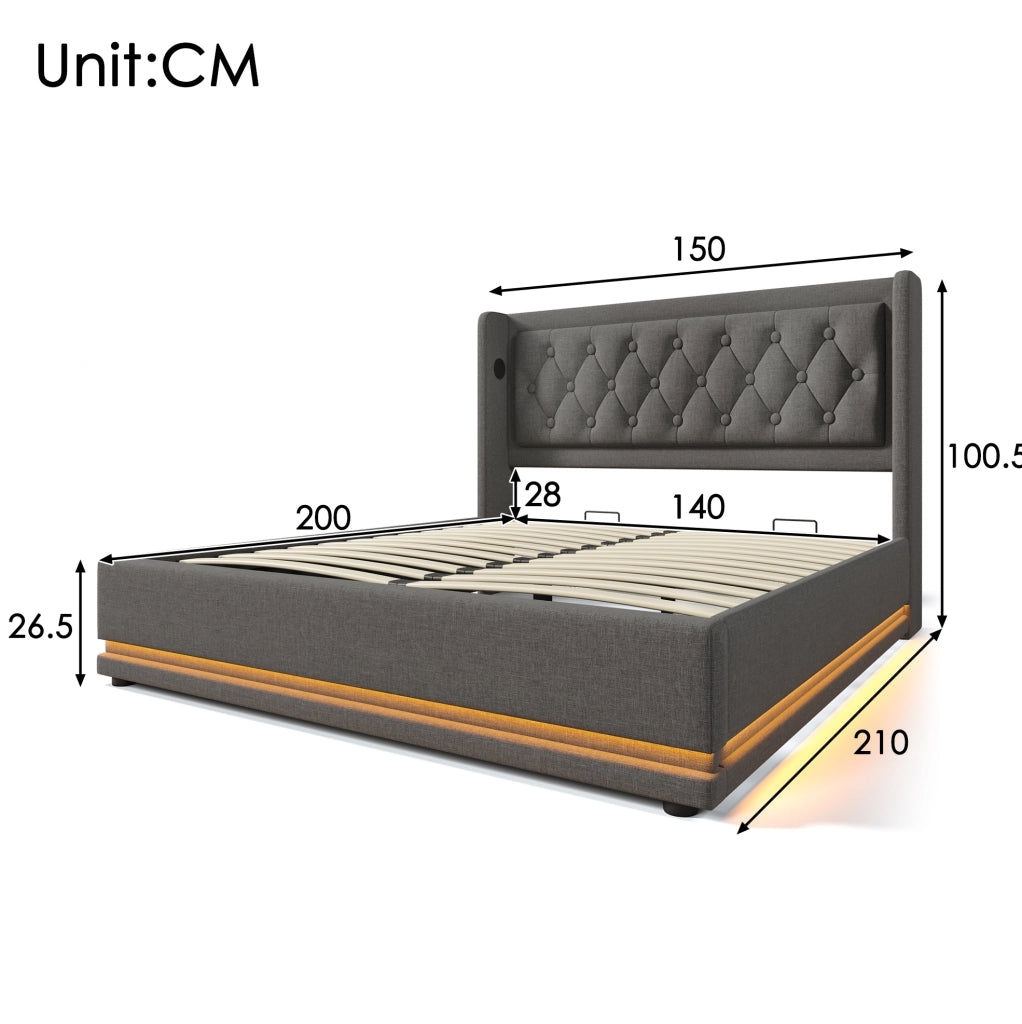 Letto imbottito 140x200 cm con materasso, contenitore, USB Type-C e LED