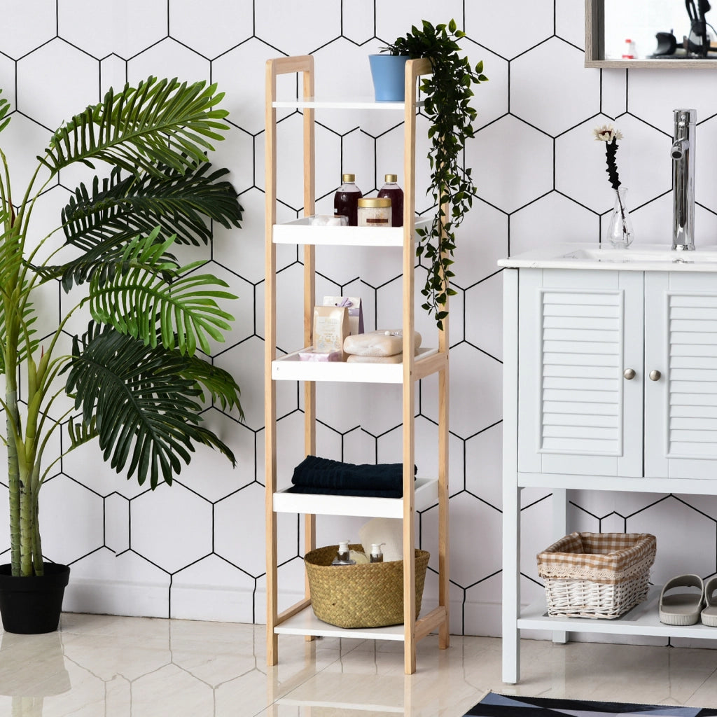 Etagere per Bagno in Bambu con Cestini ¨C Minimal ¨C 32x30x130 cm Bianco Beige