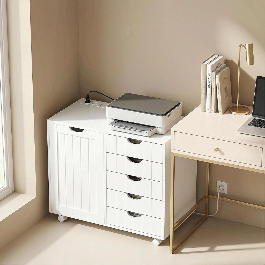 Scrivania con cassetti e ruote ¨C zephmum ¨C 5 cassetti, USB, bianco