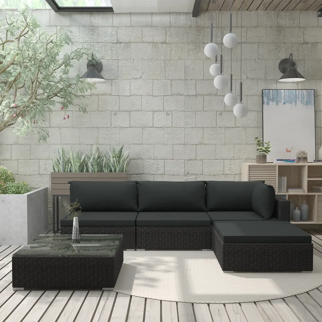 Set Divani da Giardino 5 pz con Cuscini in Polyrattan Nero 46784
