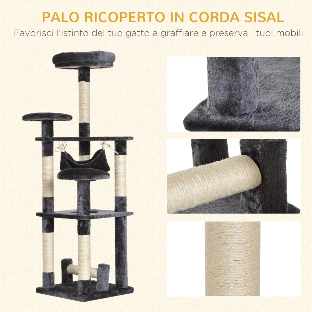 EasyComfort Albero Tiragraffi Giocattolo per Gatti a 4 Livelli con Amaca Cuccia Piattaforme in Peluche Sisal Naturale Altezza 132cm Grigio