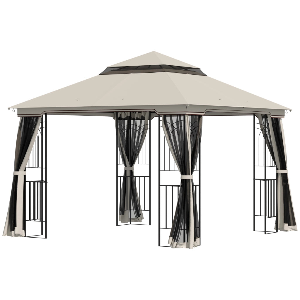 Gazebo da giardino con doppio tetto e 4 pareti laterali ¨C zephmum ¨C metallo e poliestere beige 299x299x274 cm