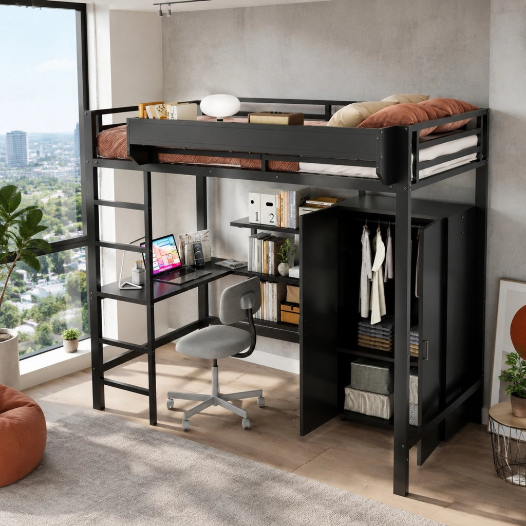 Letto a castello in metallo e legno nero 90x200 cm con tavolo, armadio e scala a 5 gradini