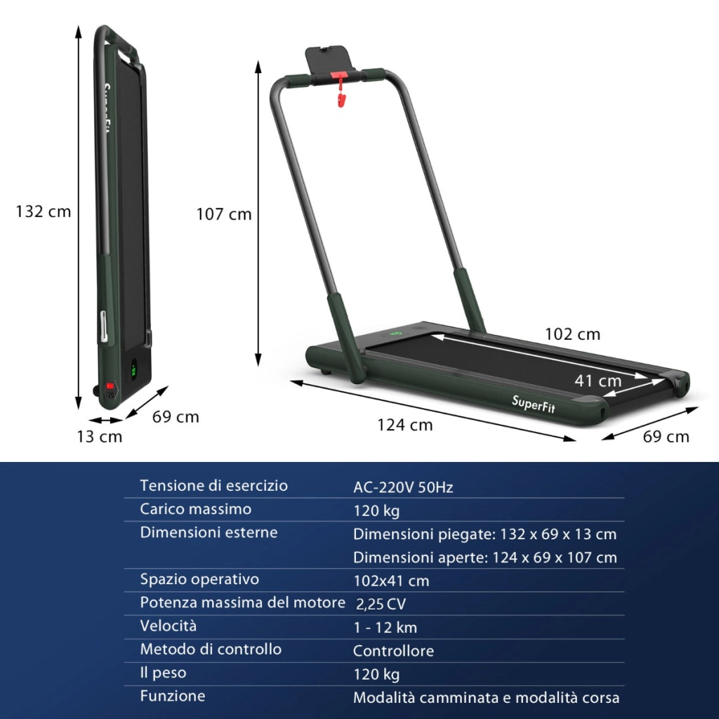 Tapis roulant pieghevole 2 in 1 con APP telecomando, Tapis roulant da 2,25HP con altoparlante display LED Verde-Tapis roulant