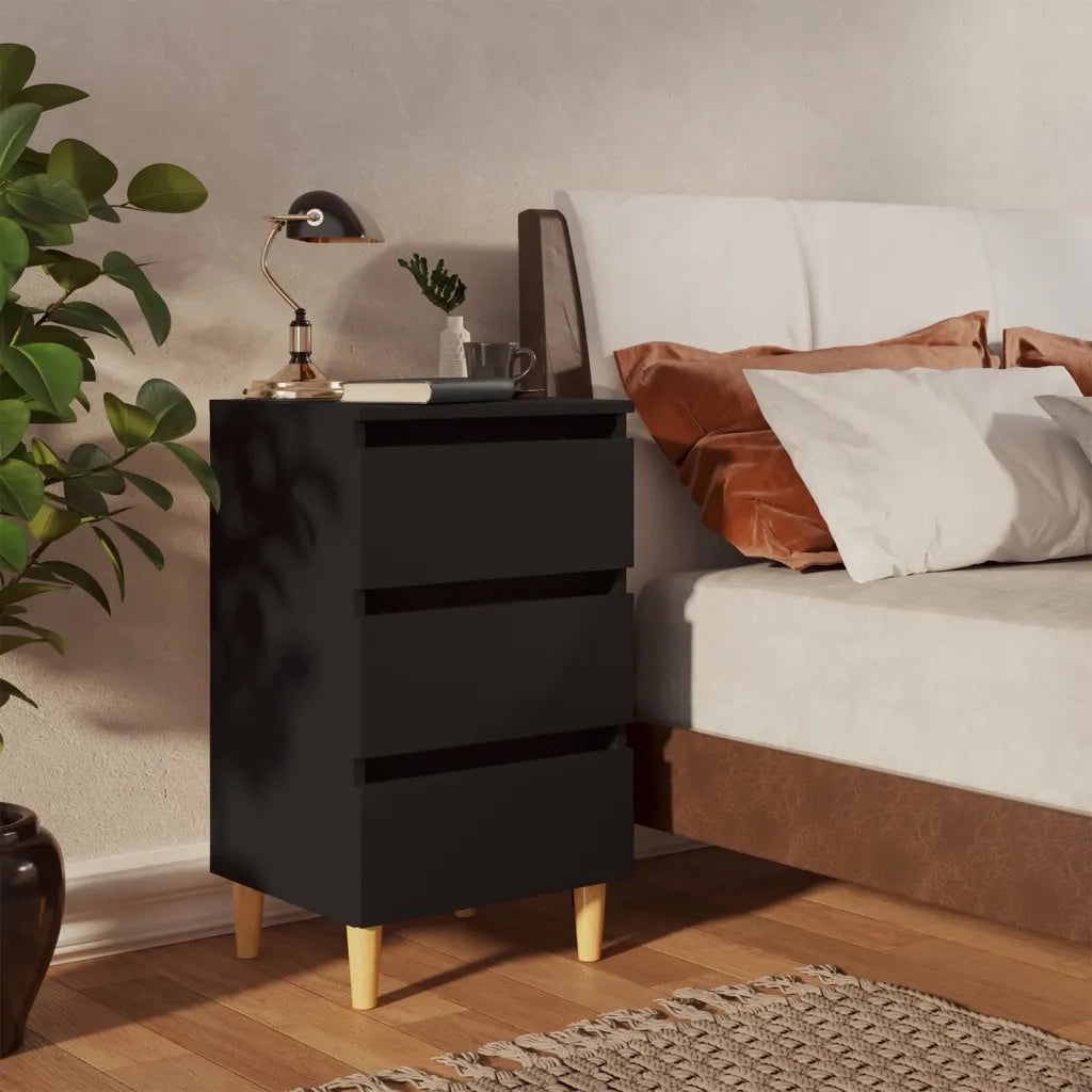 Comodino con Gambe in Legno-Tavolino da notte Massello Nero 40x35x69 cm
