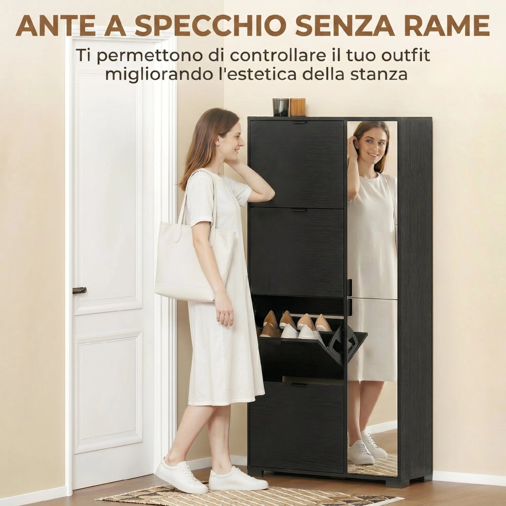 Scarpiera con Specchio e Cassetti ¨C Minimal ¨C Nero 16 Paia