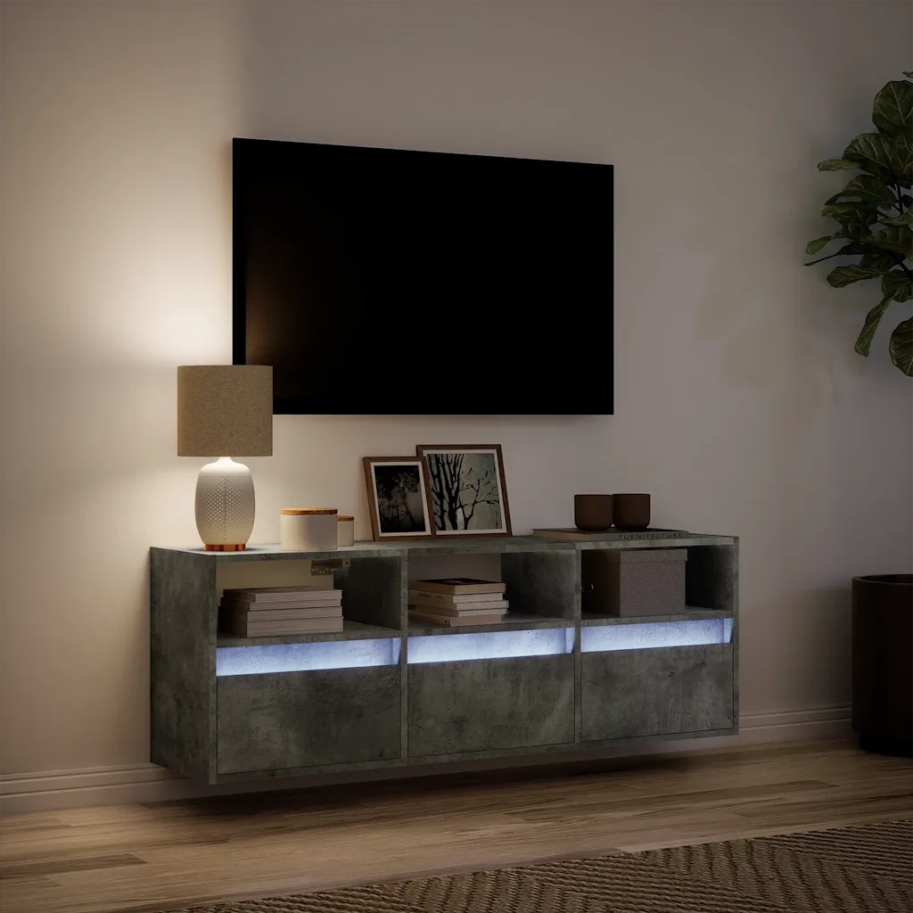 Mobile TV a Parete con Luci LED-Mobile TV a Muro Grigio Cemento 130x31x45 cm