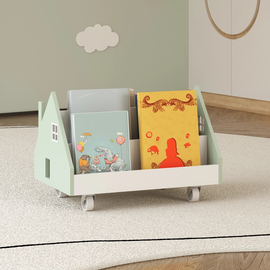 Carrello Porta Libri Vipsali per Cameretta Design a Casetta 50x33x34 cm Menta Verde / Bianco [en.casa]
