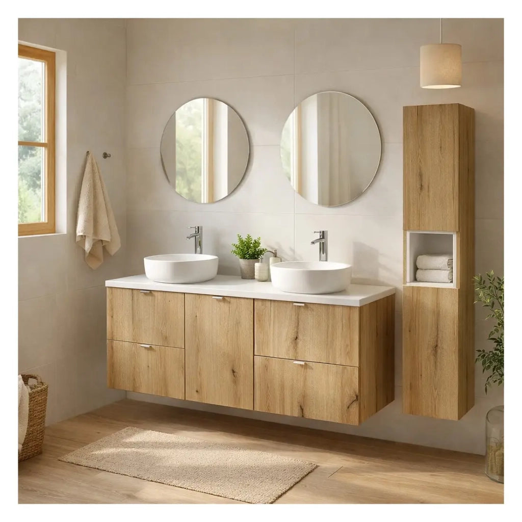 Set VANO aspetto rovere e bianco 170cm: mobile sotto lavabo con cassetti e cesto per la biancheria integrato + piano per lavabo + colonna
