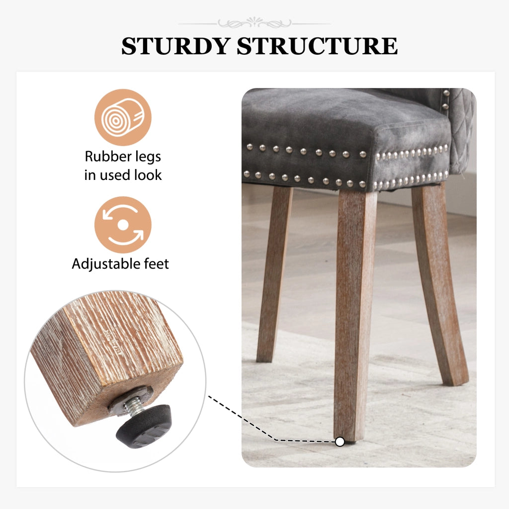 Sedia da pranzo 6 pezzi con borchie decorative e gambe regolabili in velluto grigio