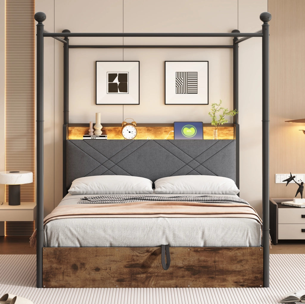 Letto 140x190 cm con baldacchino removibile; contenitore e LED in metallo e legno nero