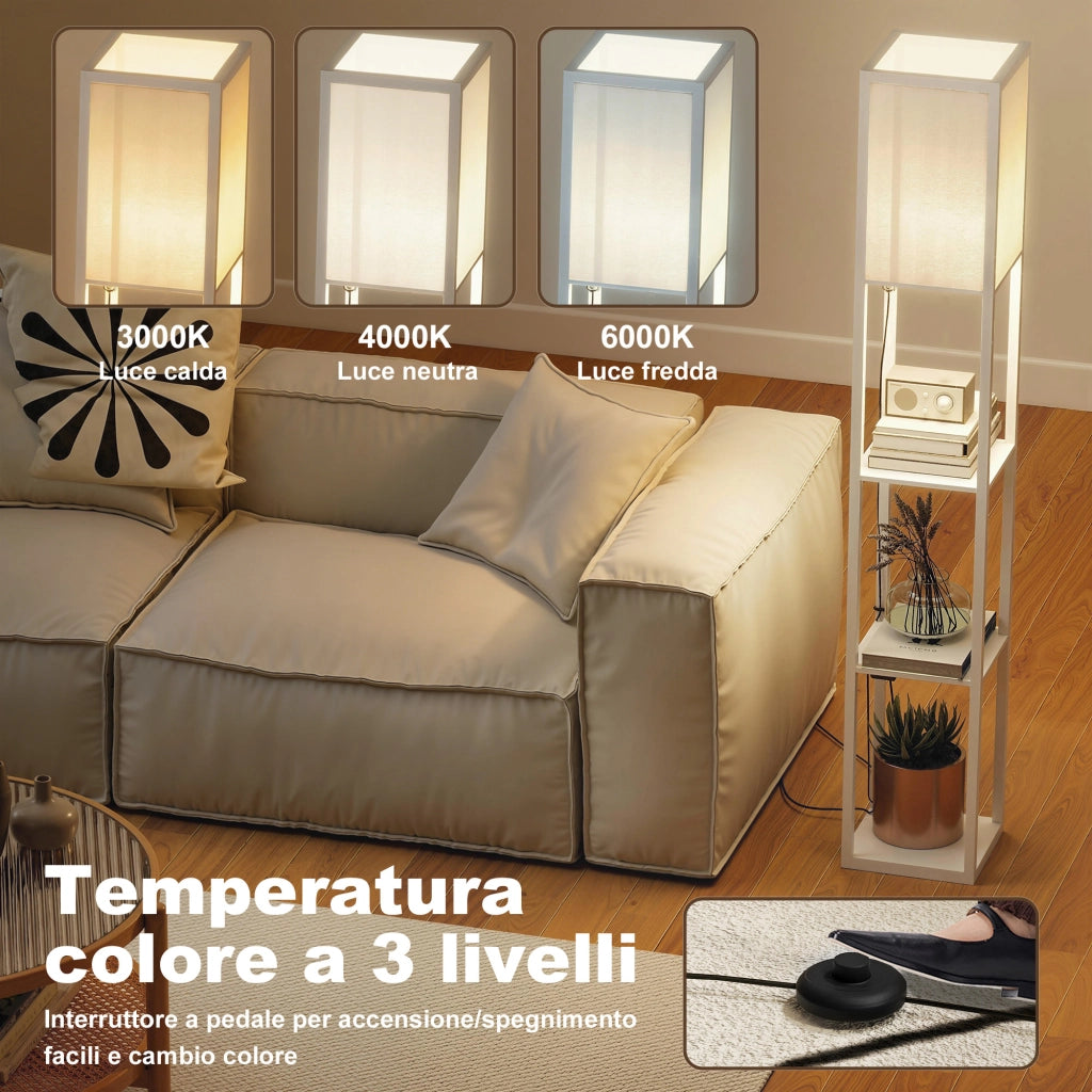 Lampada da Terra 26x26x160 cm Struttura con Ripiani Luce Regolabile Interruttore a Pedale e Porte USB in MDF Bianco