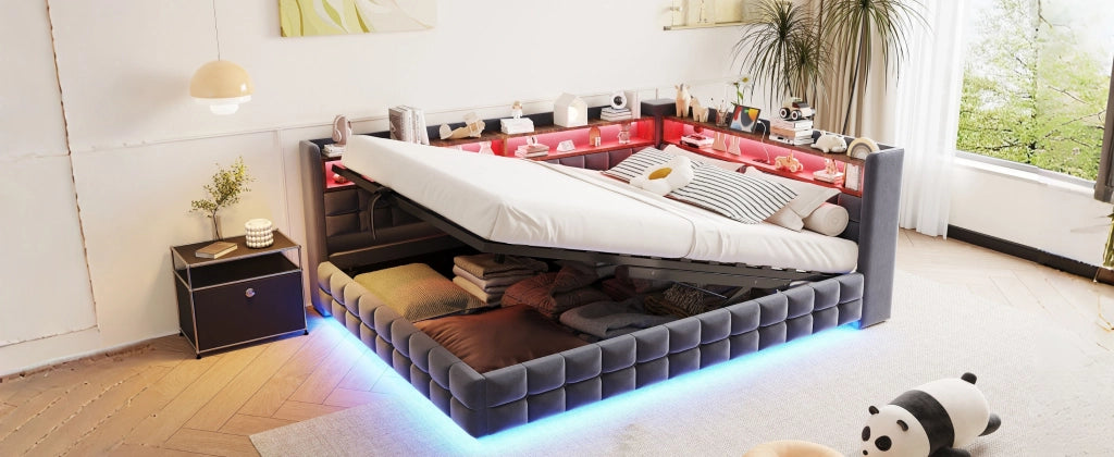 DESMIU Letto imbottito 140 × 200 cm 2 posti con contenitore, USB, Type-C, LED, senza materasso, grigio