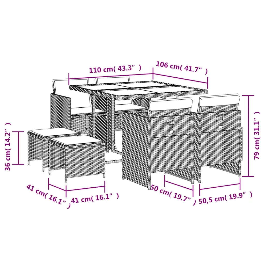 Set Pranzo da Giardino 9pz con Cuscini Grigio Chiaro Polyrattan 3210599