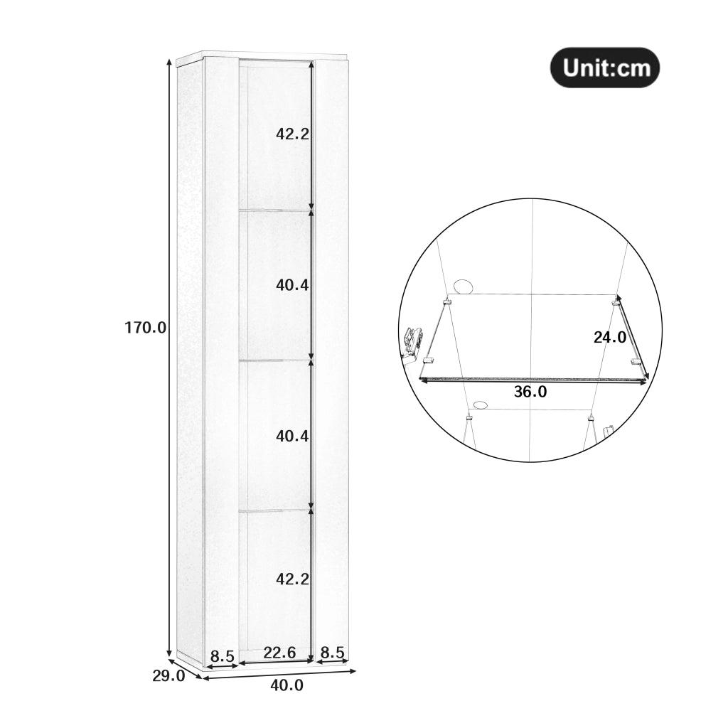 Vetrina multifunzionale bianca 40 x 29 x 170 cm con 4 livelli, illuminazione LED RGB controllata da app e montaggio a parete
